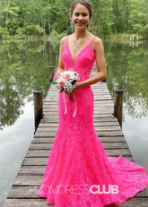 Jamie |Hot Pink Long Prom Dresses Near Me With Mermaid Strapless Trumpet Lace Open Back - Price #price_variant_lowest# - Hot Pink - PromDressClub